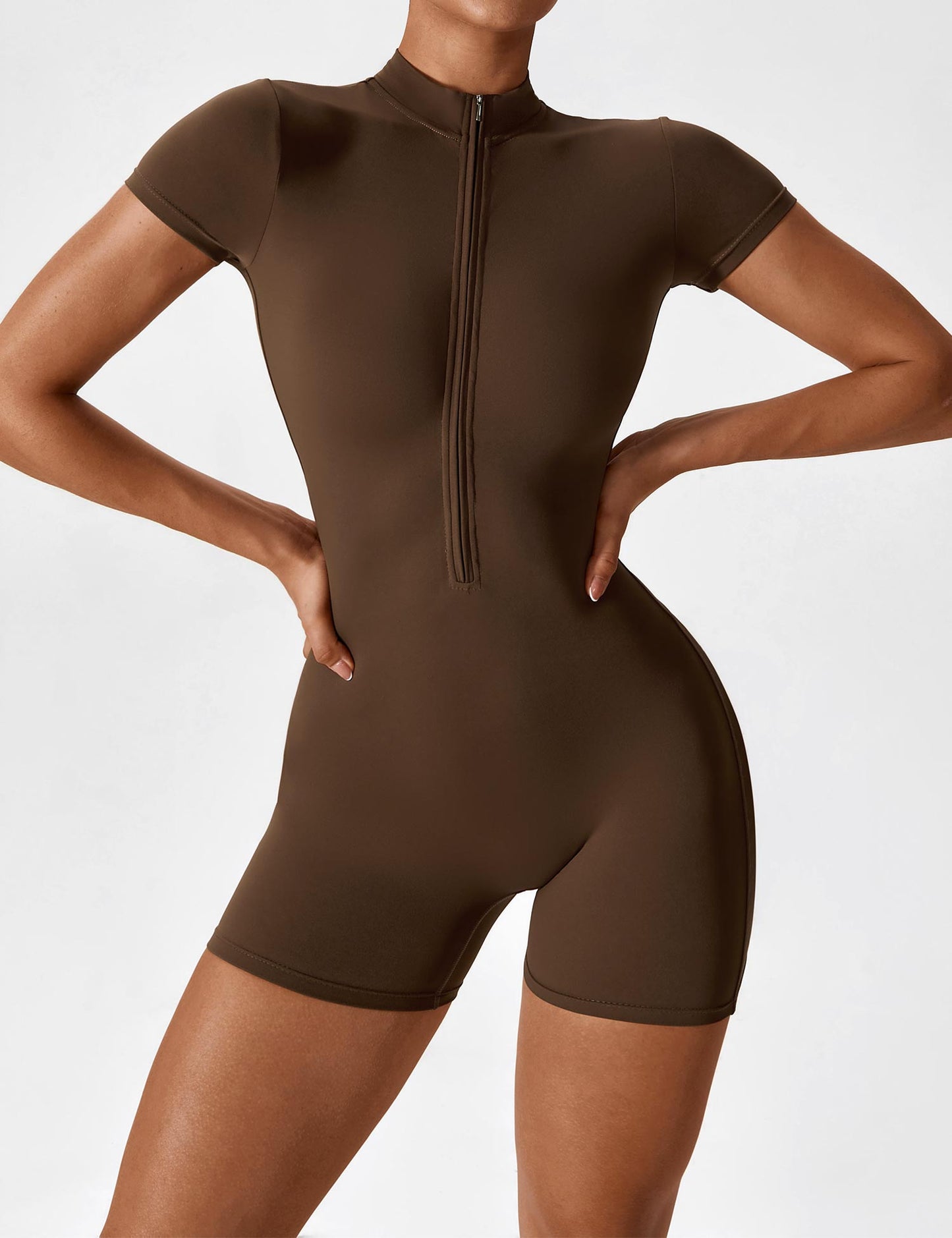 Elena | Seamless Short Sleeve Zip-Up Jumpsuit